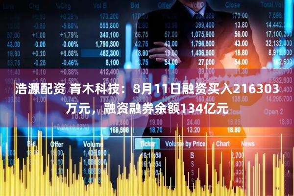 浩源配资 青木科技：8月11日融资买入216303万元，融资融券余额134亿元